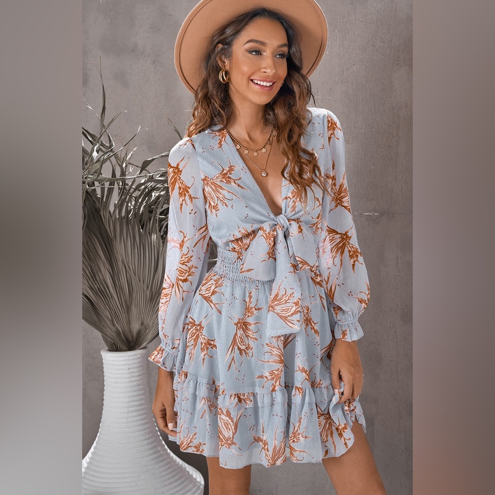 Floral Deep V Flounce Sleeve Mini Dress - Picture 6 of 11